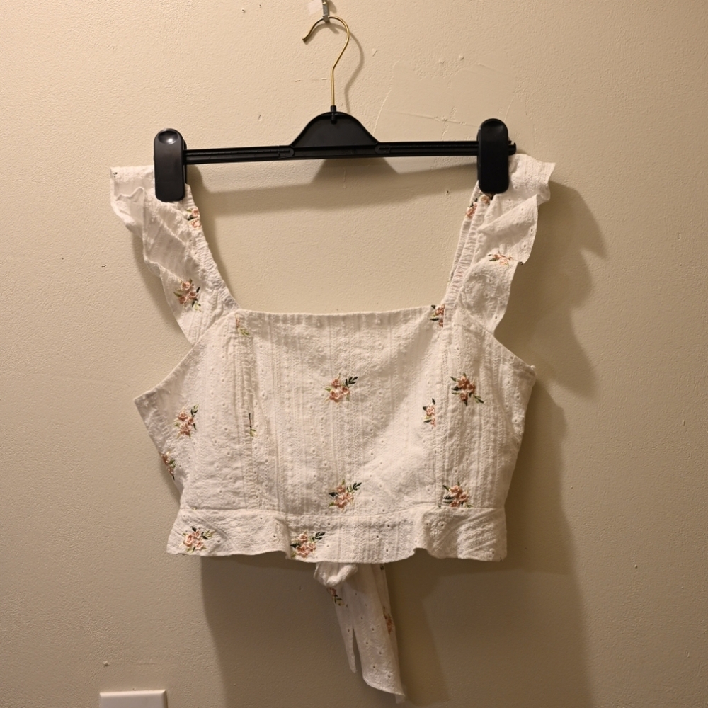 Eyelet Embroidered White 100% Cotton Crop Top Floral L Coquette Cottagecore Pink